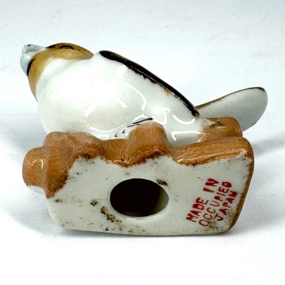 Vintage Occupied Japan Brown White Bird on Tree Stump Porcelain Figurine